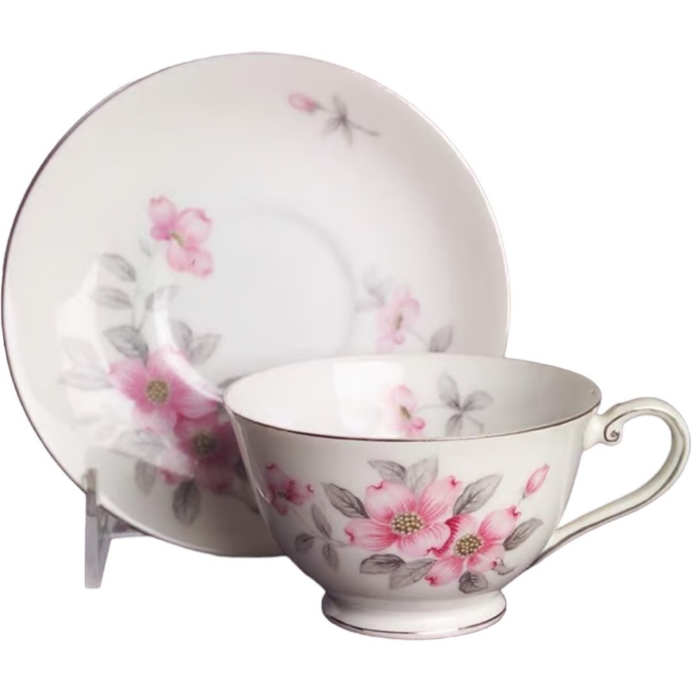 HARMONY HOUSE CHINA Dogwood (Platinum Trim) Footed Cup & Saucer Set